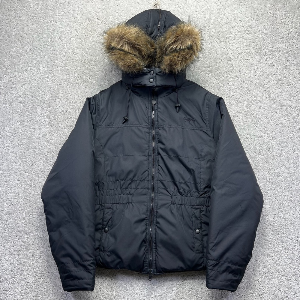 Cruel Girl Puffer Jacket Womens Large Black White Faux Fur Hood Reversible Y2K
